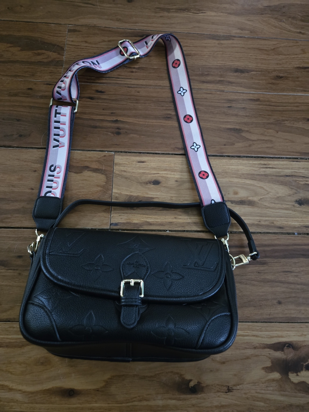 Louis Vutton Black Embossed Crossbody Bag with Strap